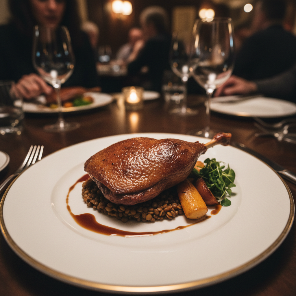 Rich dark mole sauce over duck confit on white plate, elegant fine dining presentation, moody restaurant lighting