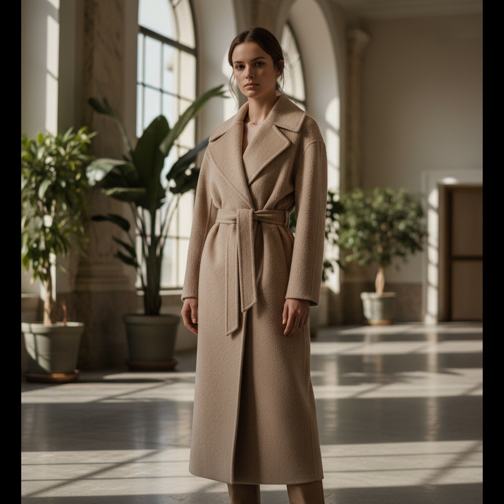 Stylish woman in elegant dress, warm beige background, luxury fashion editorial, soft natural light