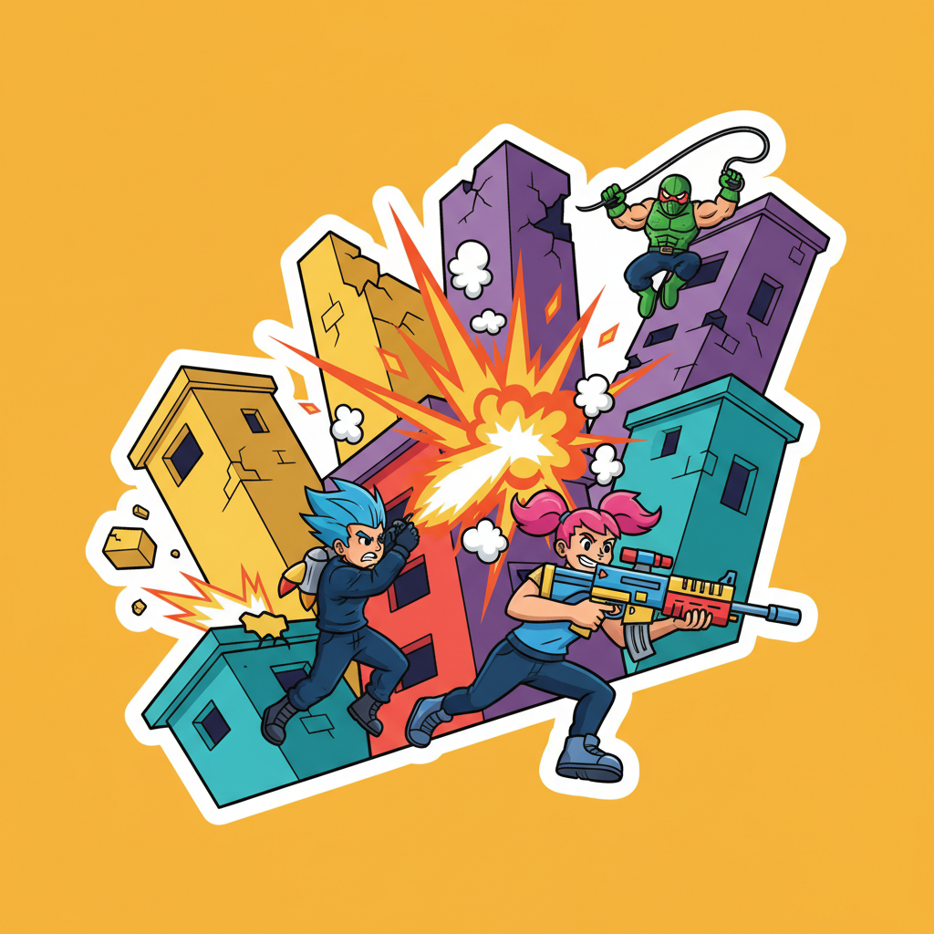 Colorful cartoonish battle royale game with building mechanics