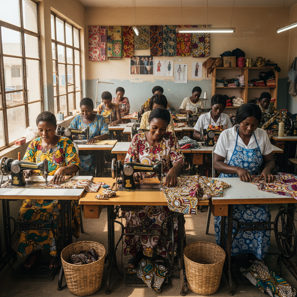 African women learning tailoring skills at JJHF vocational training center in Owerri Nigeria