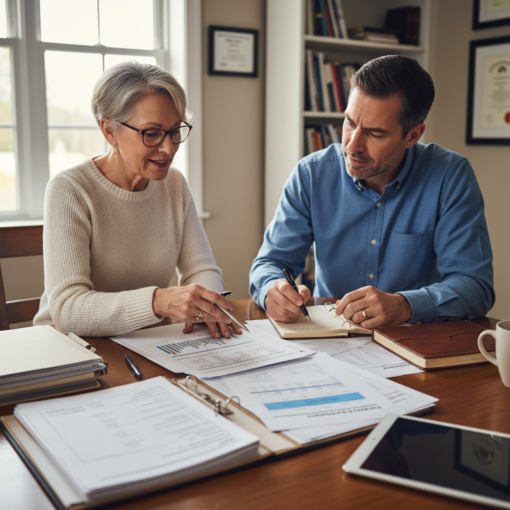 Two people working together at a table, reviewing documents and notes
