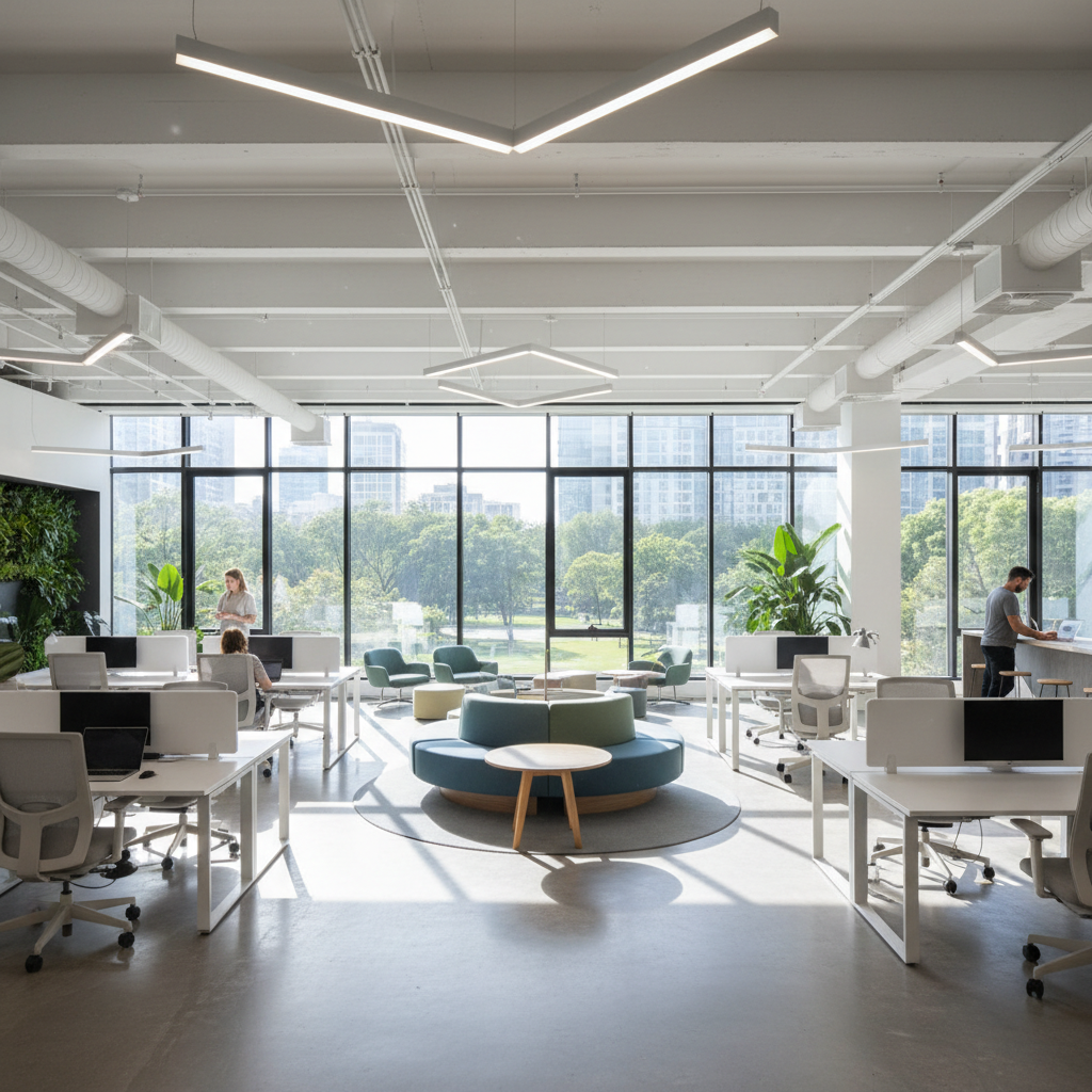 Bright coworking studio with white walls, plants, and standing desks near floor-to-ceiling windows