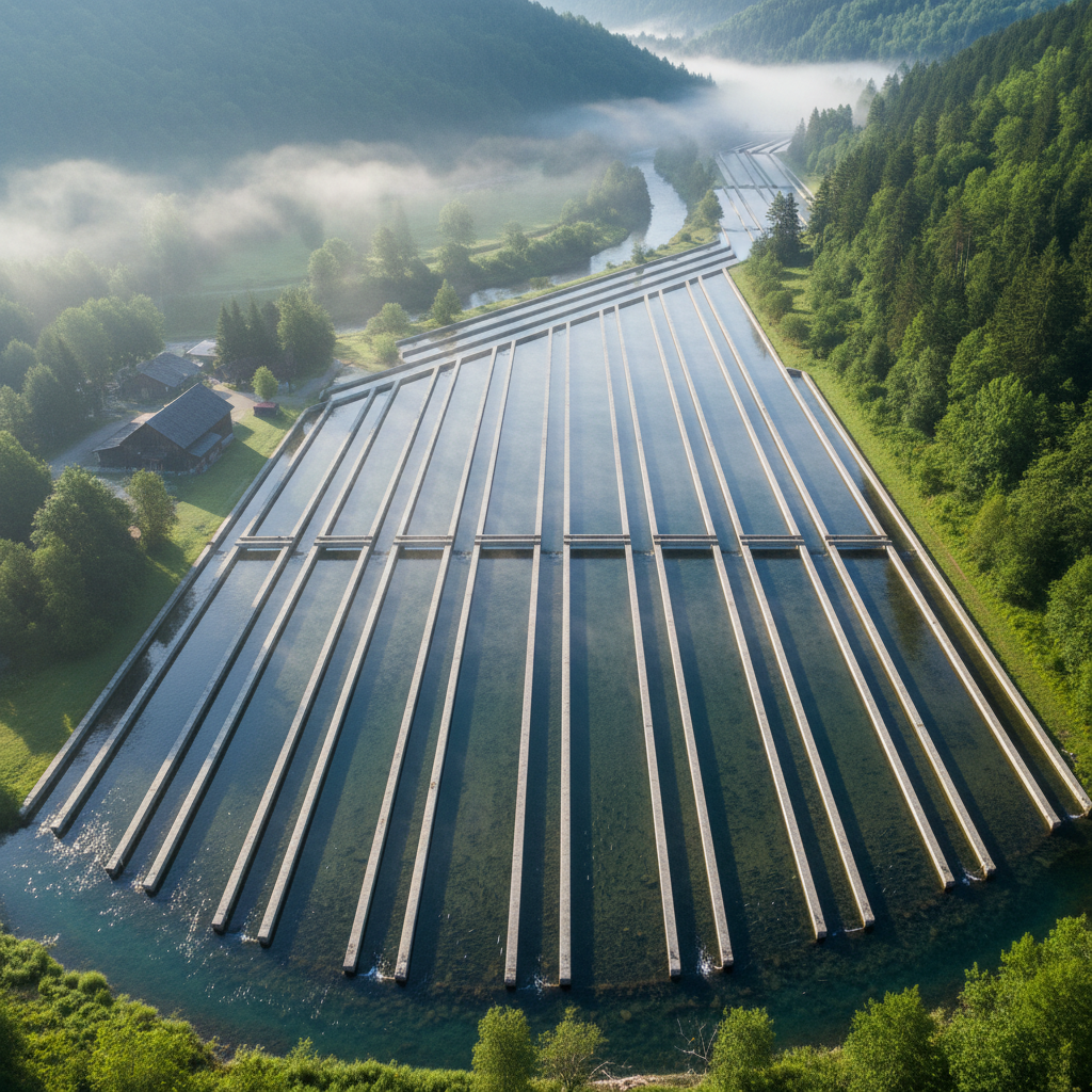 Aerial view of trout raceways in a green valley with mist rising off the water