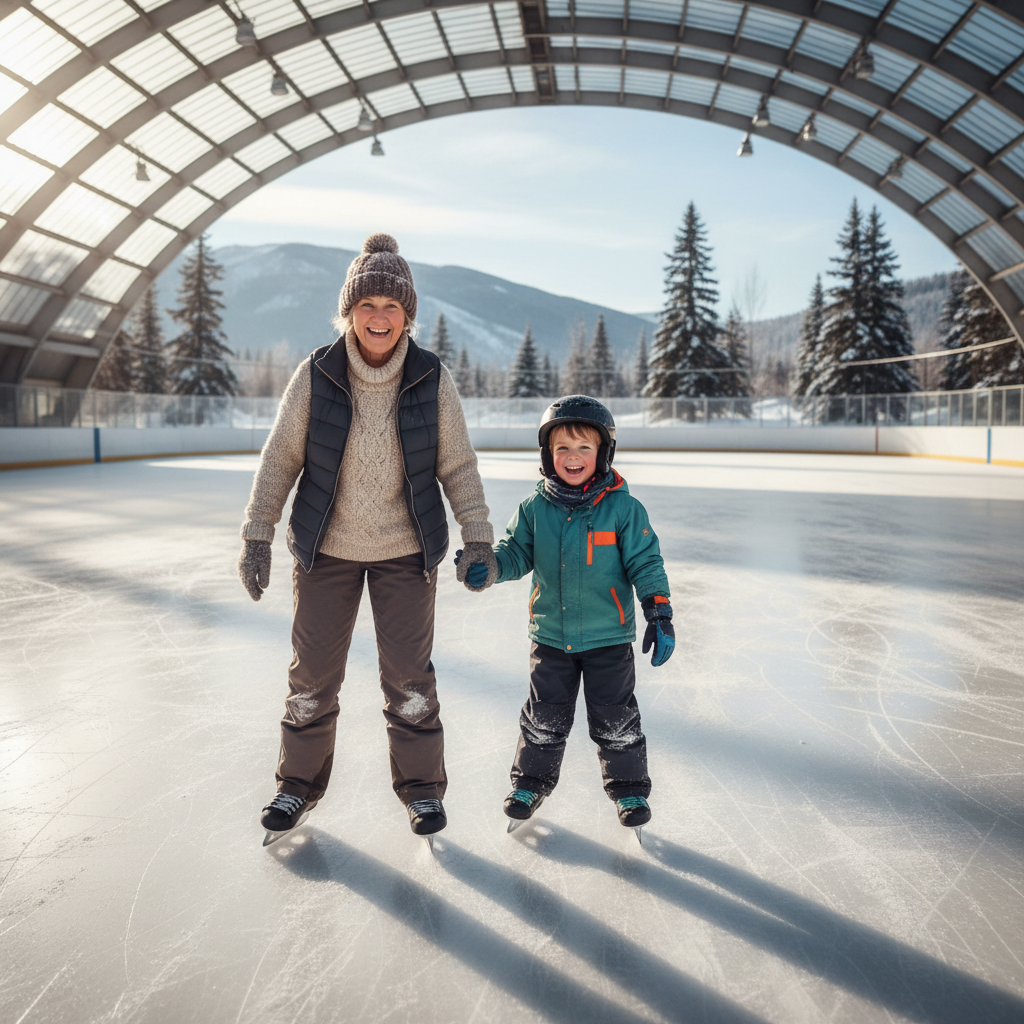 Grandma and grandson on ice rink holding hands and smiling at camera