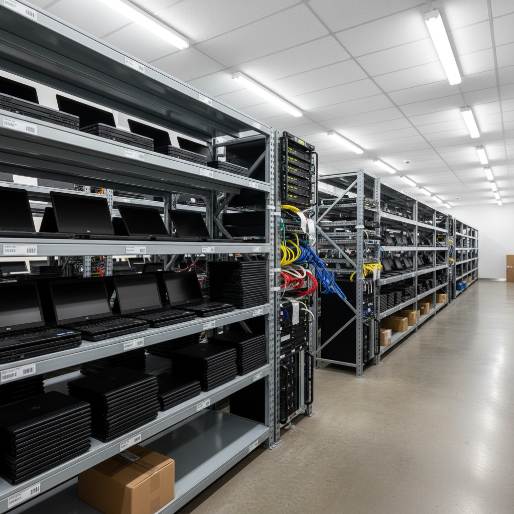 IT hardware inventory with laptops, servers, and network equipment arranged on shelves in a technology storage room