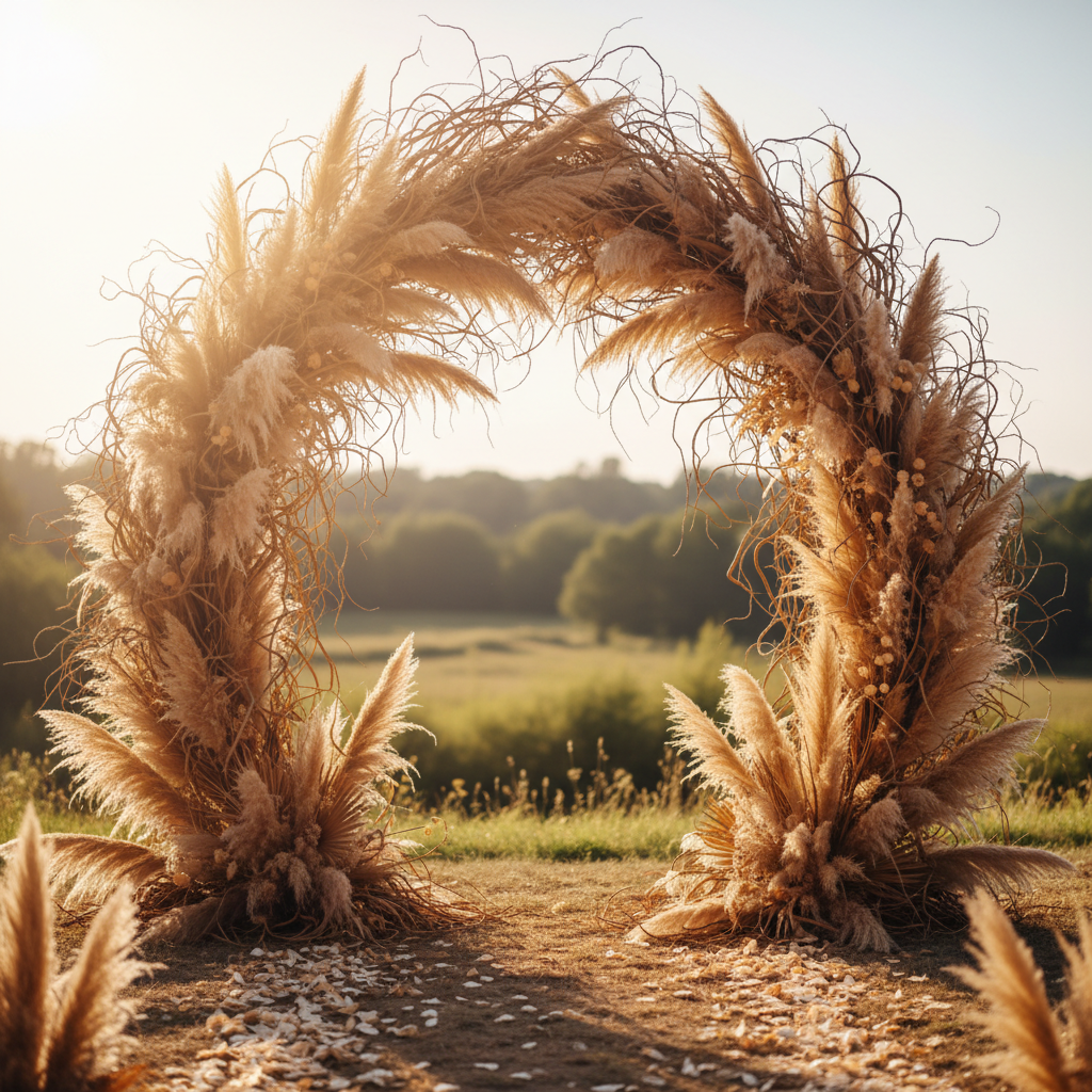 Dried pampas grass and wheat stalks woven into a rustic ceremony arch outdoors