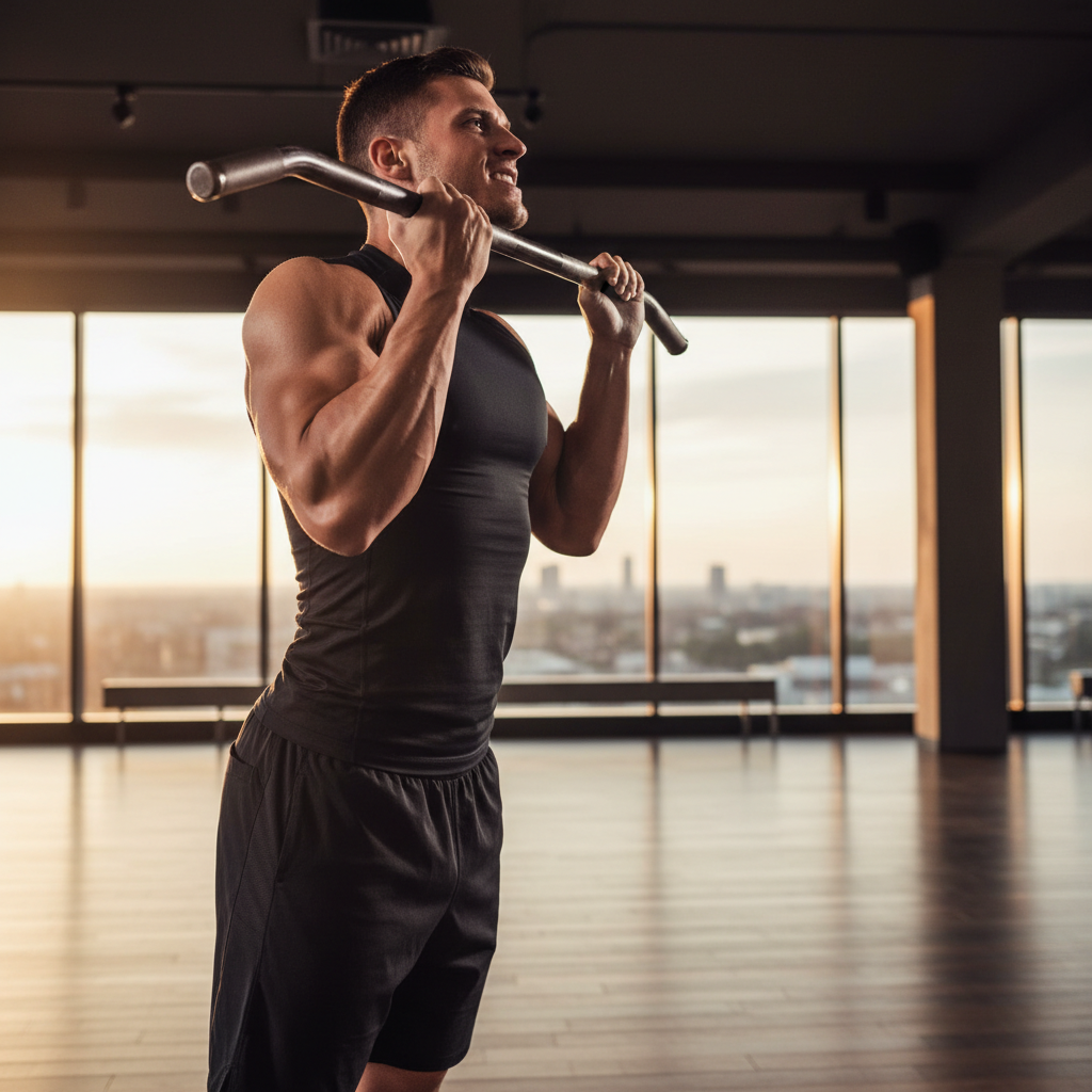 Athlete performing pull-ups with perfect form, back muscles clearly defined, dark gym background