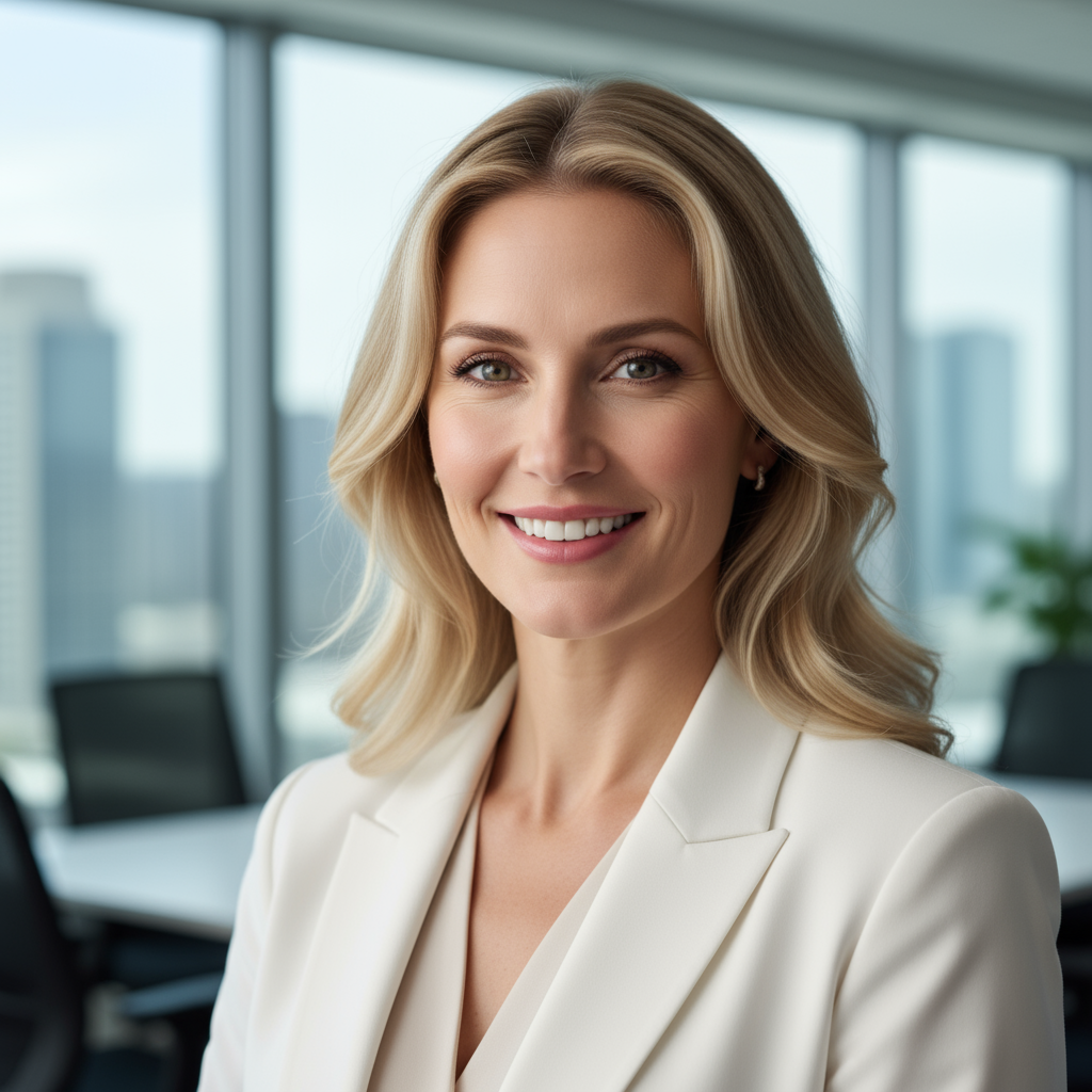 Professional woman with blonde hair, corporate office setting, confident smile, well-lit portrait