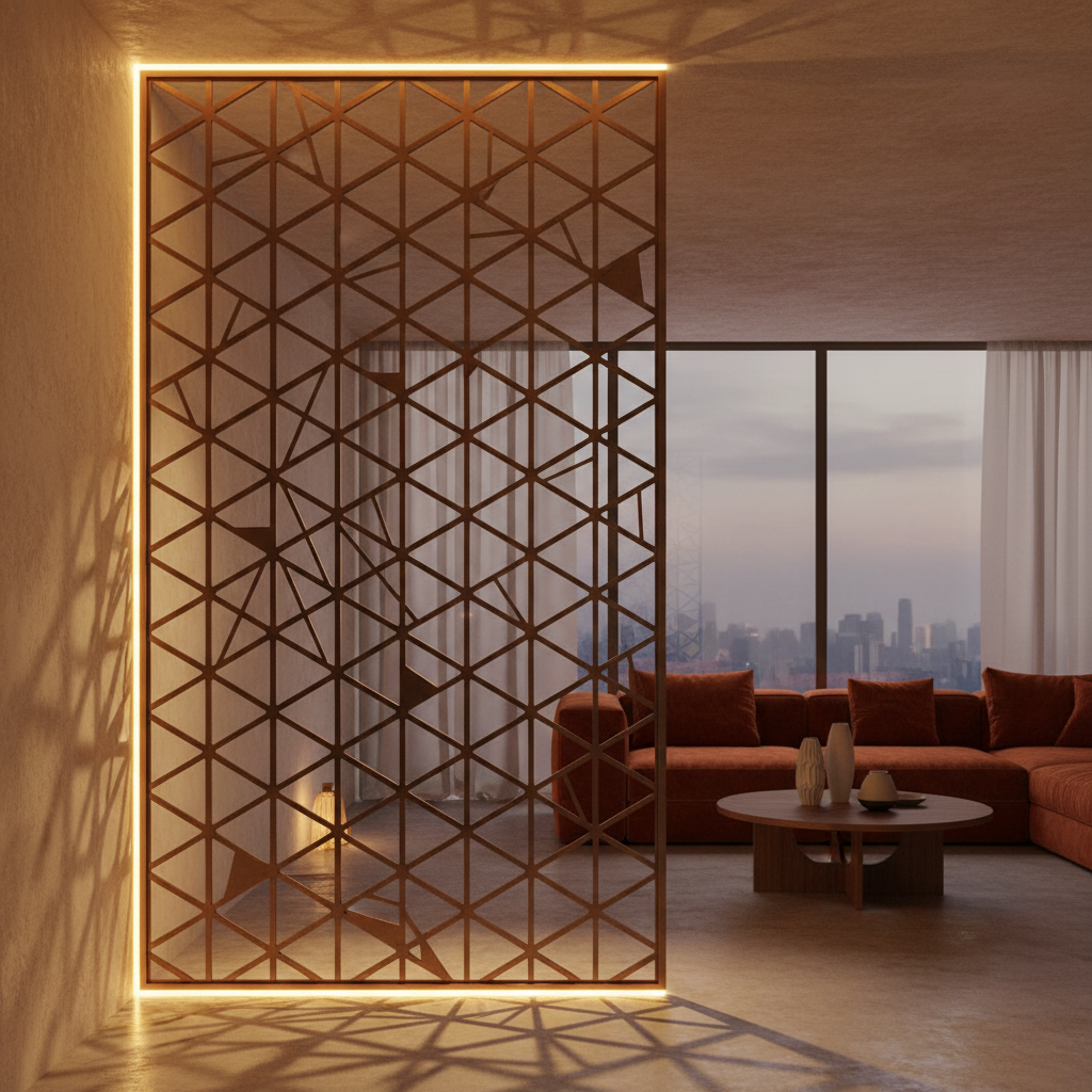 Geometric CNC carved decorative wall panel with intricate lattice pattern in warm ambient interior lighting