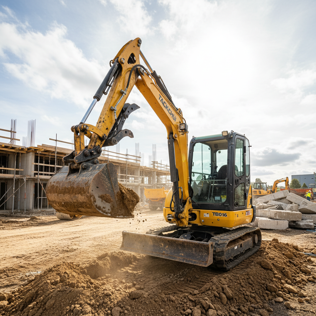 Yellow mini excavator on construction site