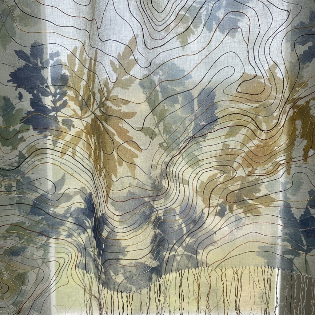 Translucent silk organza textile with botanical resist patterns and fine hand embroidery tracing topographic-like contour lines