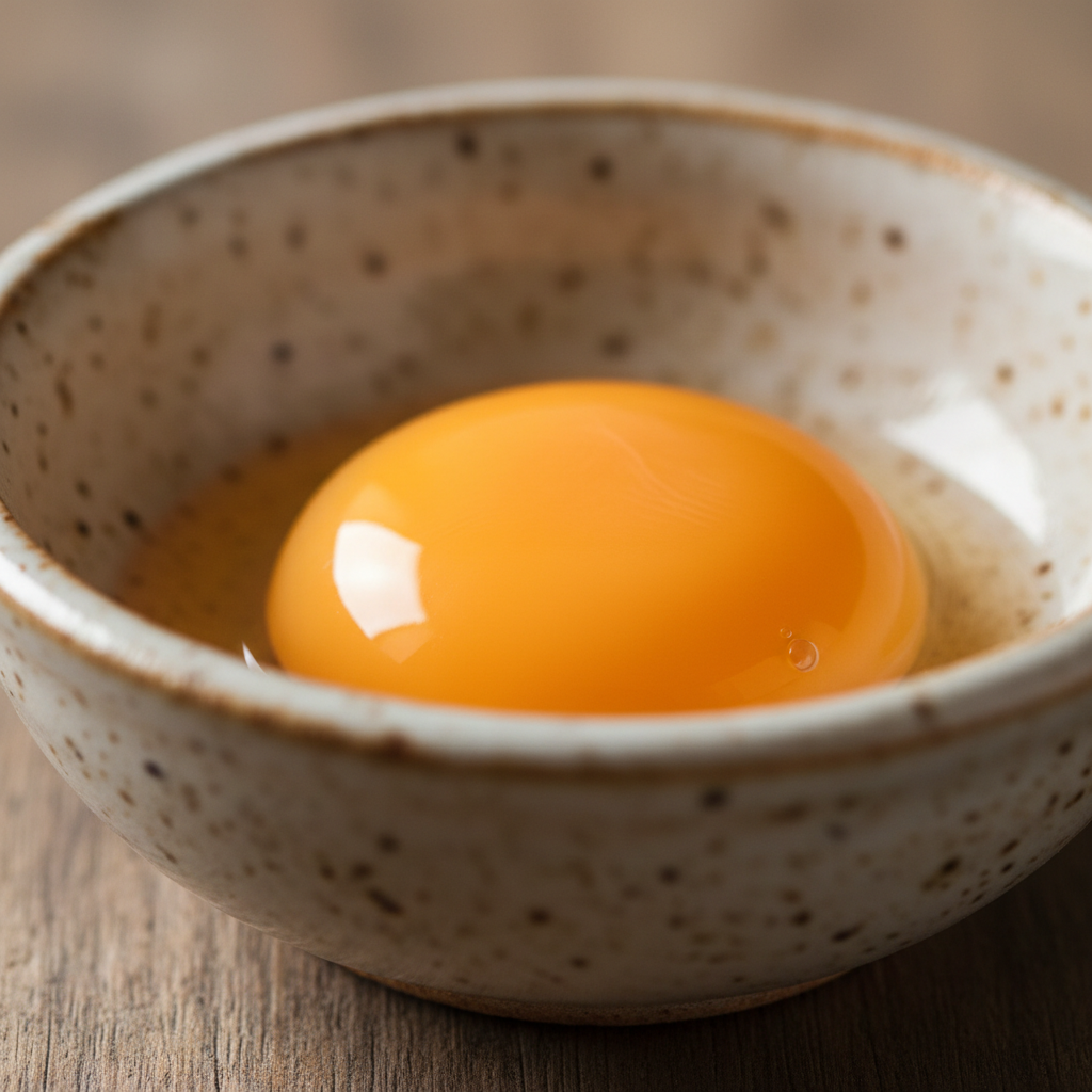Raw egg yolk in small ceramic dish, golden and perfect