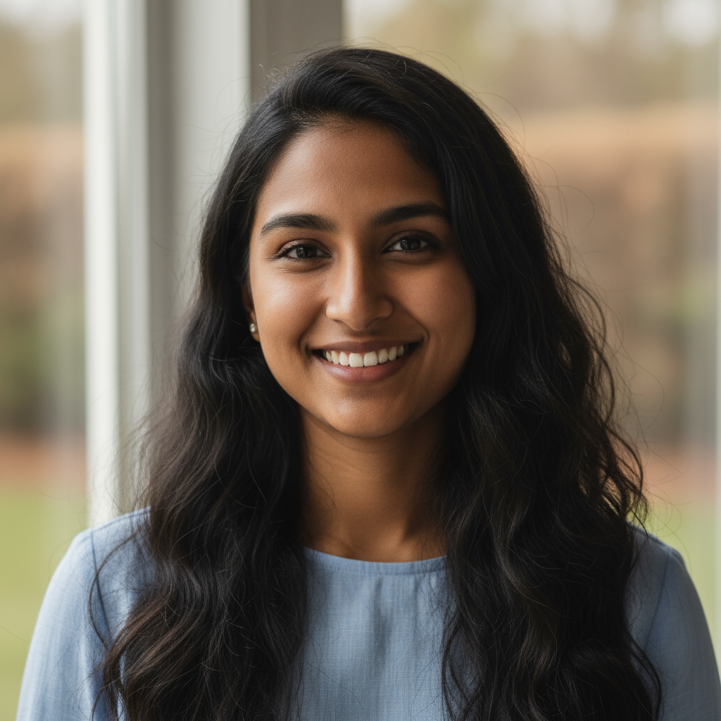 Caring Indian mother in her 30s with long black hair wearing blue kurta smiling while holding daughter's hand