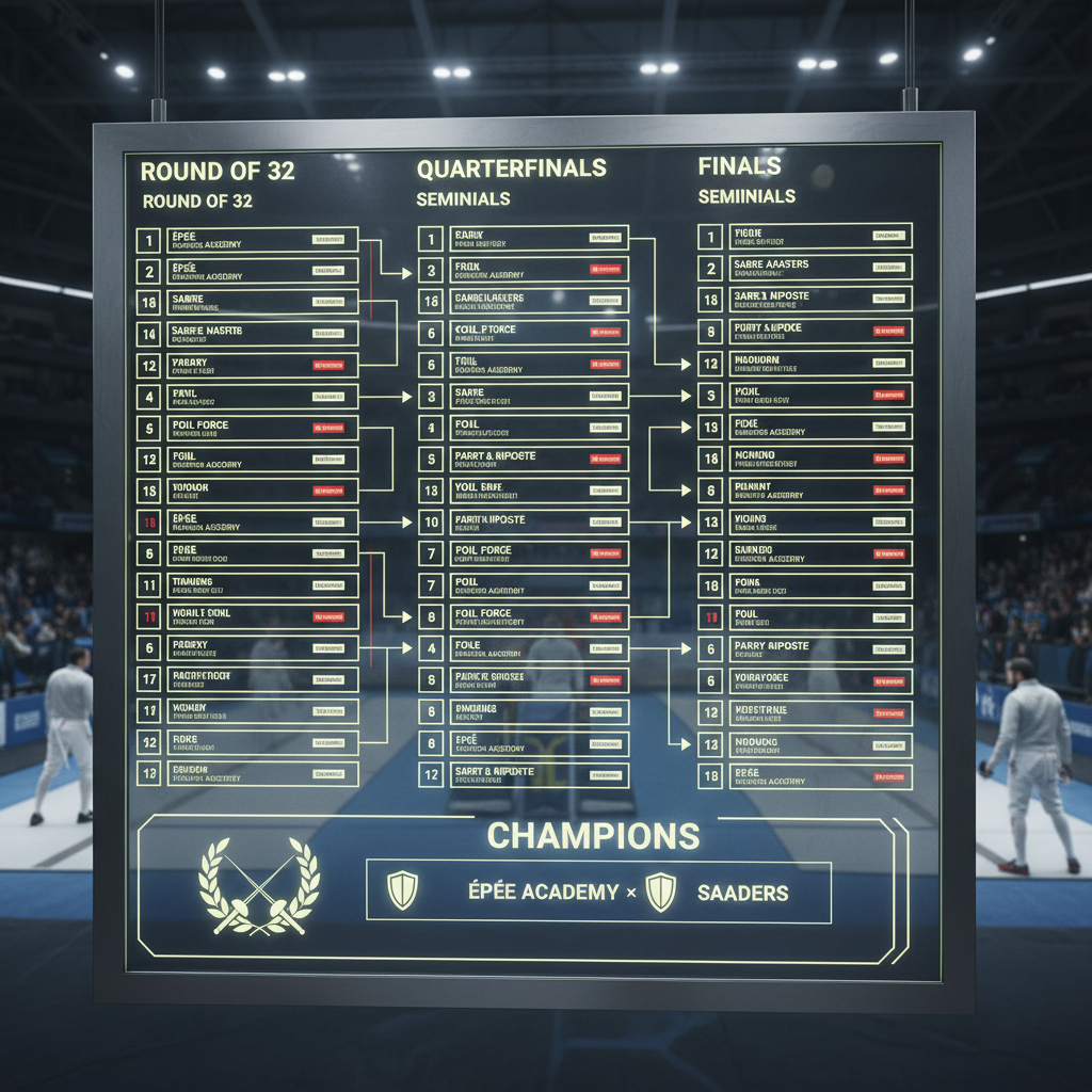 Tournament bracket display board showing fencing competition rounds
