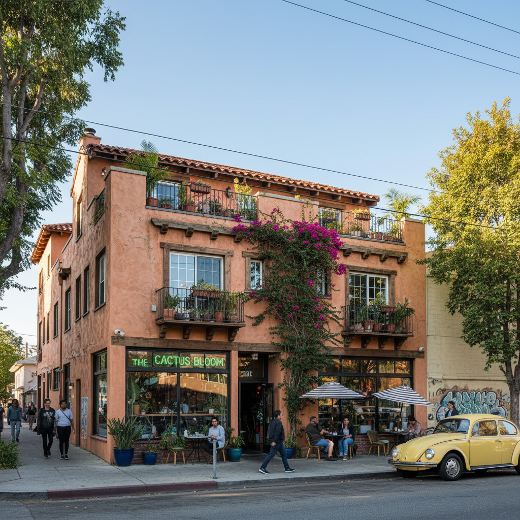 Two-story stucco mixed-use building with commercial storefront and residential apartments in Highland Park Los Angeles