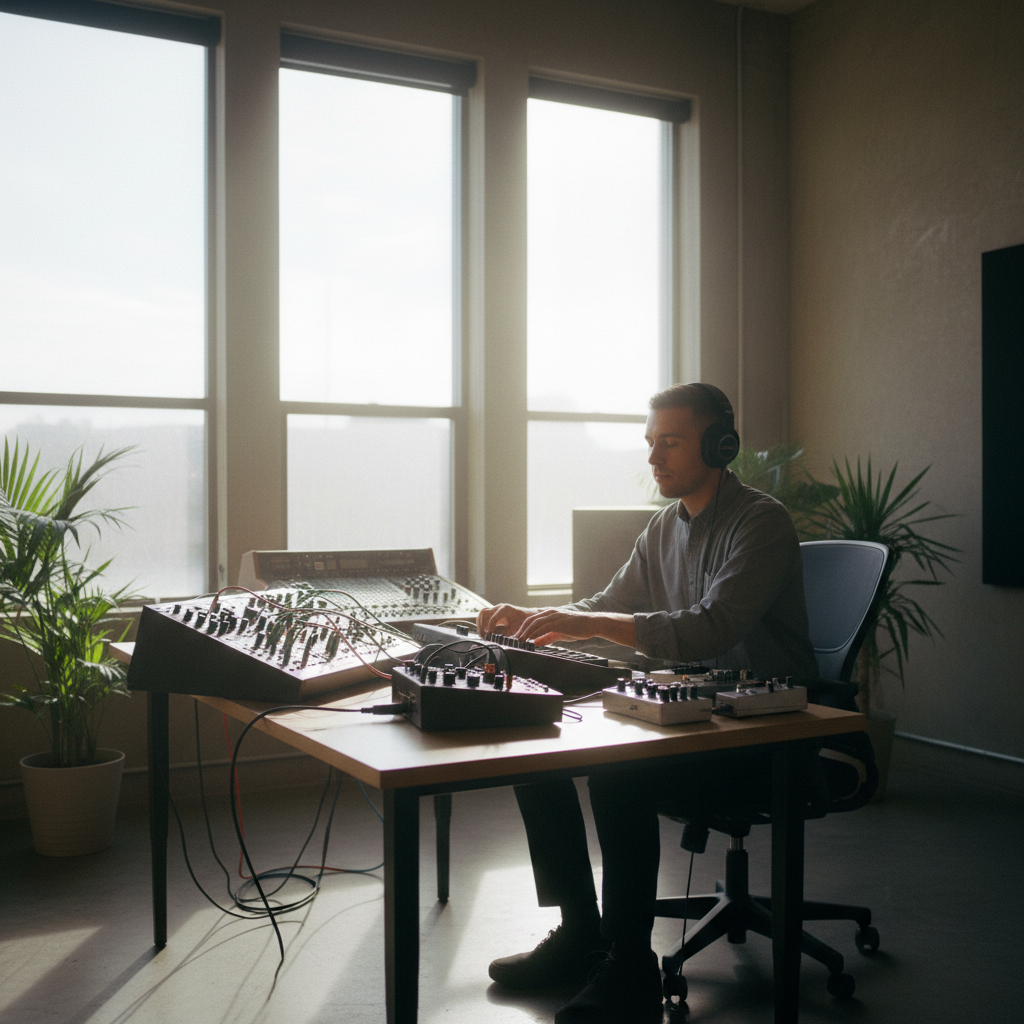 Kai Nakamura artist portrait, warm amber studio lighting, intimate dark background