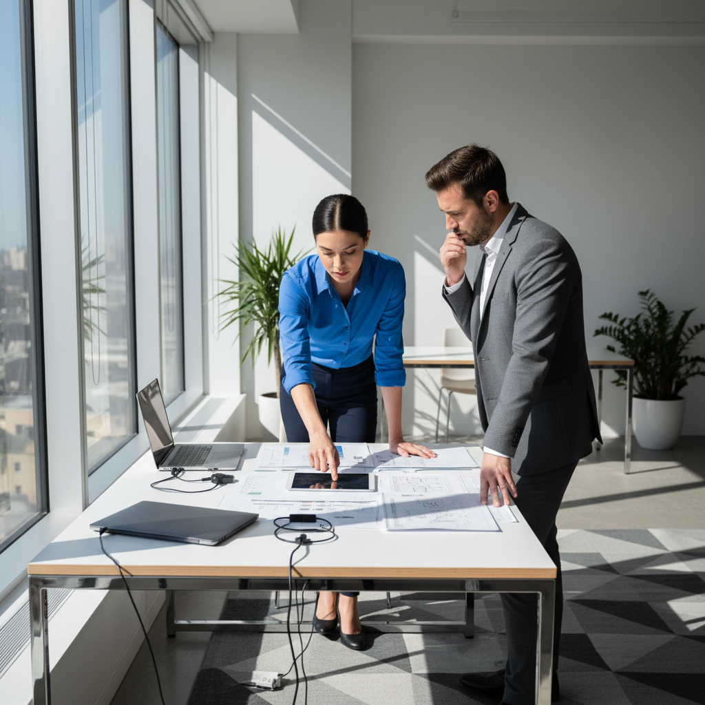 Professional couple reviewing financial documents in a bright modern office