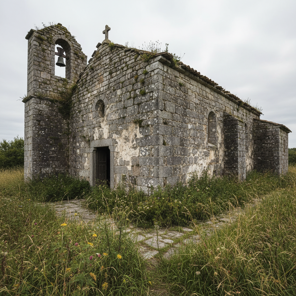 Historic stone chapel exterior with cracked mortar joints, damaged bell tower, overgrown grounds
