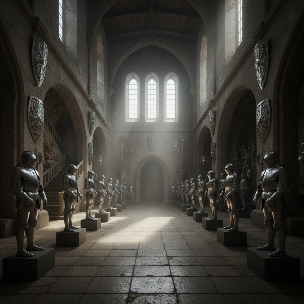 Palace armoury gallery with antique weapons and shields, dramatic lighting, vaulted stone ceiling, historical atmosphere
