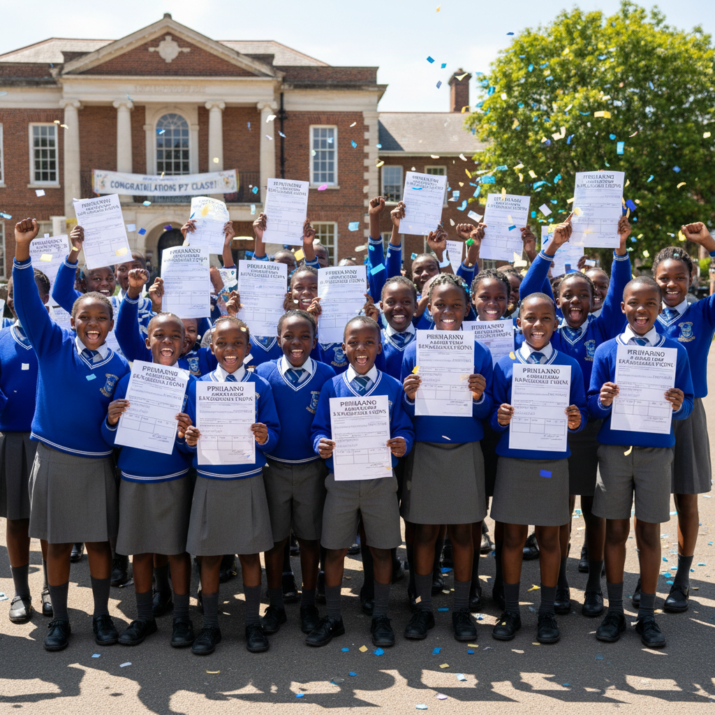 Students celebrating exam results in school uniform