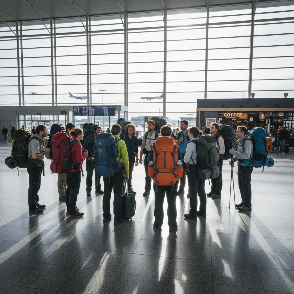 Group of travelers with backpacks at airport terminal