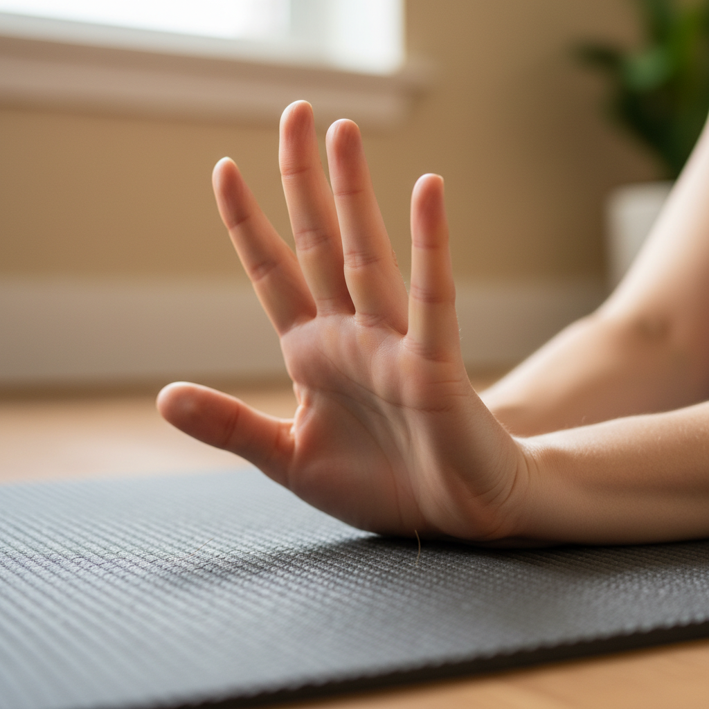 Close-up of hands performing gentle finger stretching exercises on a yoga mat