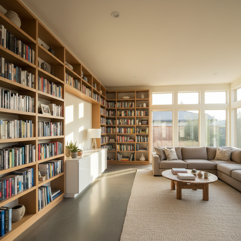 Well-organized and styled home with thoughtfully arranged shelves, coordinated decor, plants, framed art, and warm neutral tones in bright open space