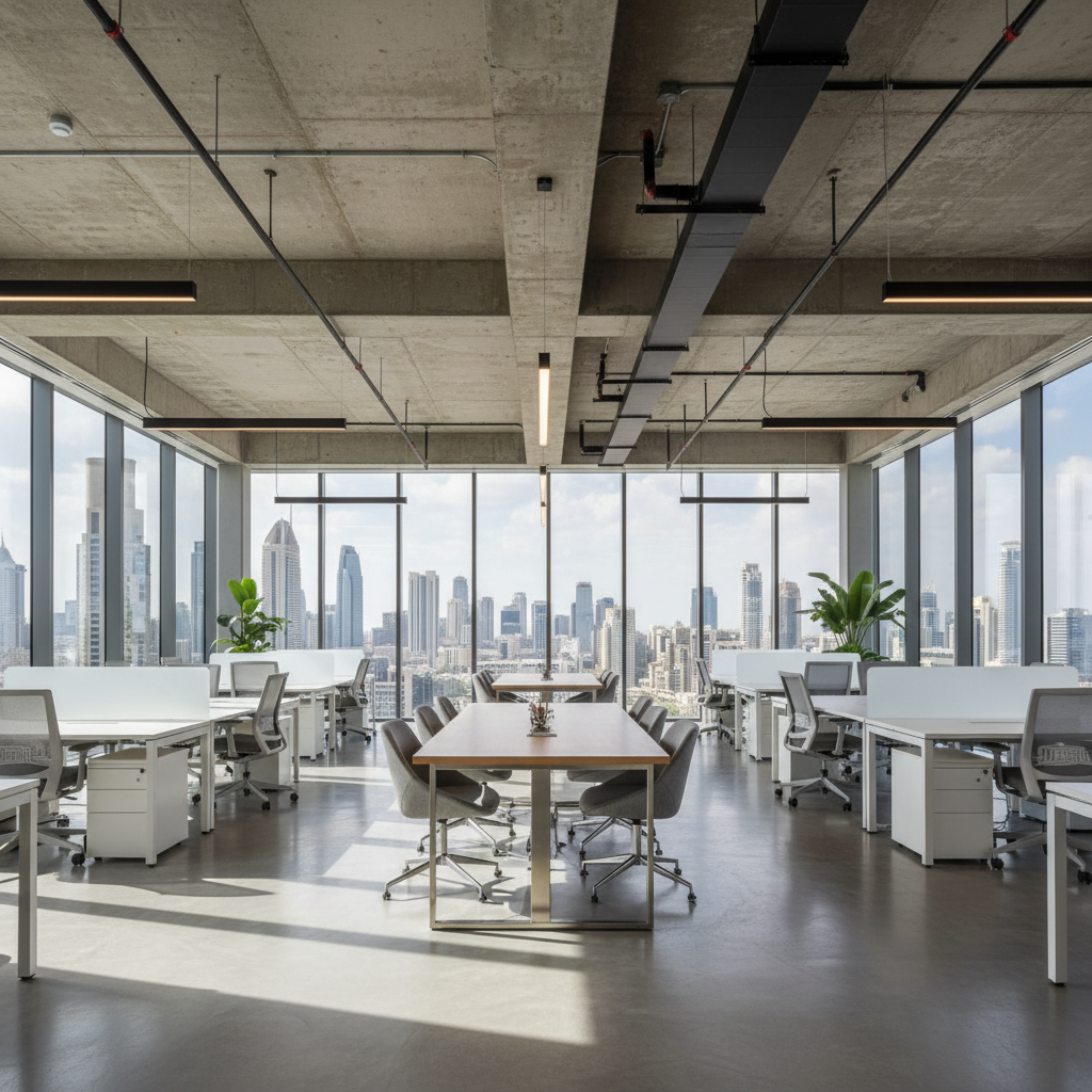 Executive office space with floor to ceiling windows, DIFC skyline view, modern corporate interior, bright professional lighting