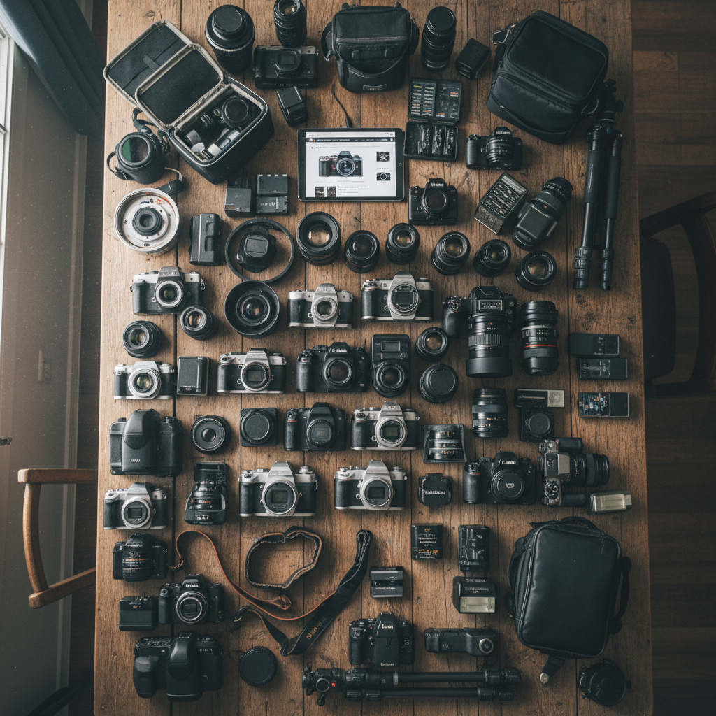 A spread of camera gear, lenses and bodies laid out, representing the gear obsession phase