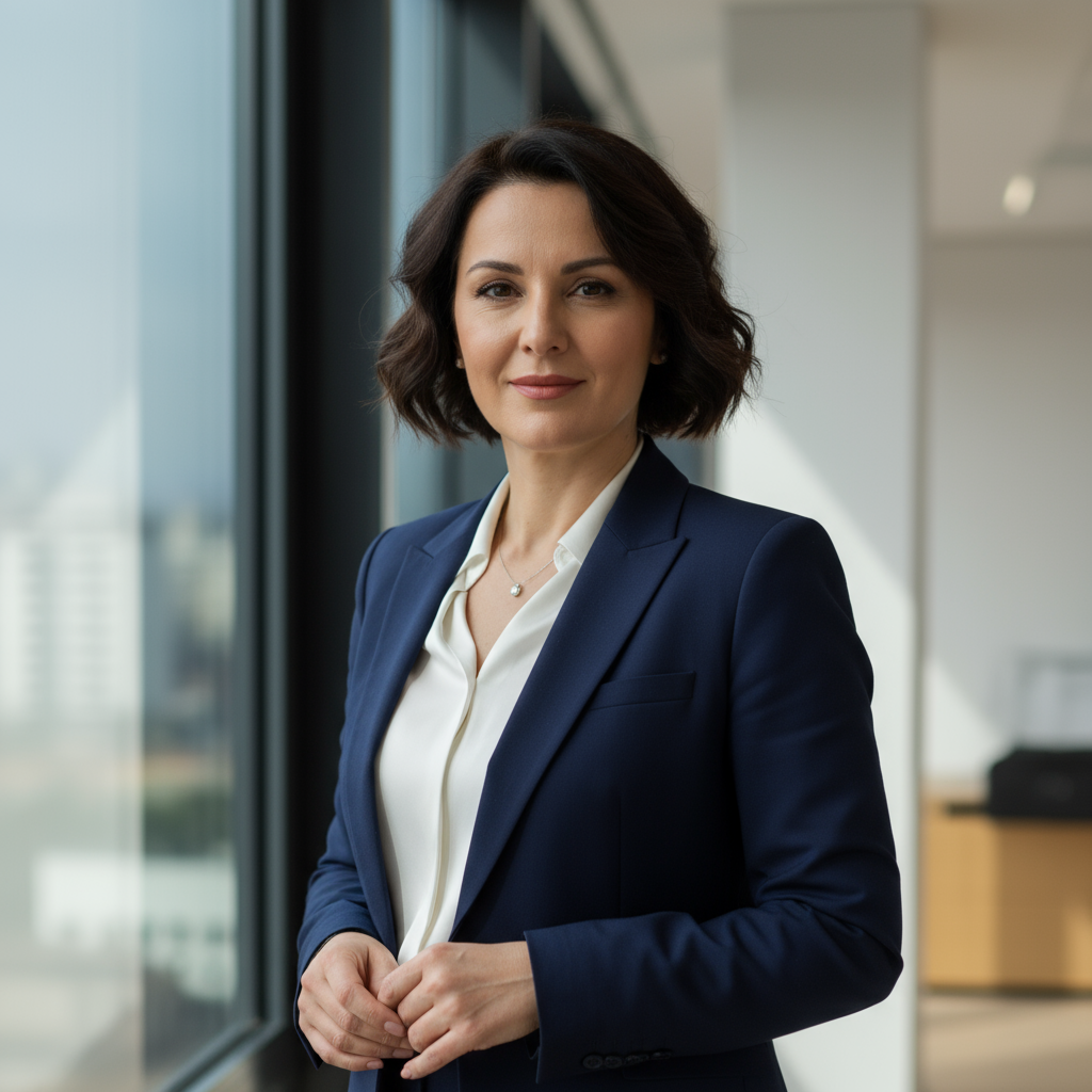 Albanian hotel manager, woman, professional attire, confident expression