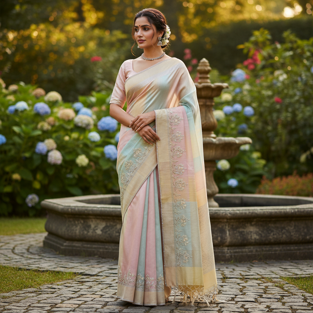 Woman in soft cream handloom cotton saree with indigo border, natural light, muted warm tones, calm background