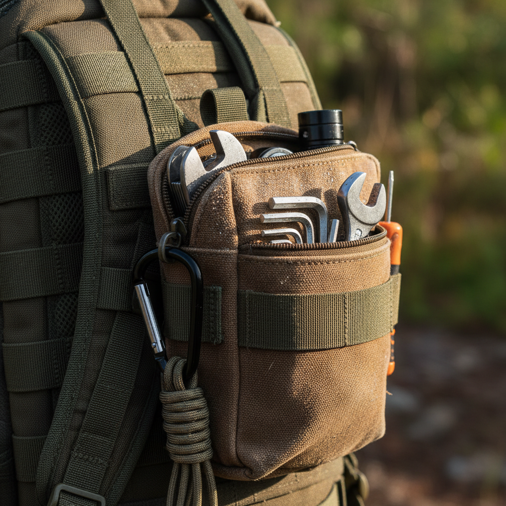 Heavy-duty canvas utility pouch with rivets beside small hand tools