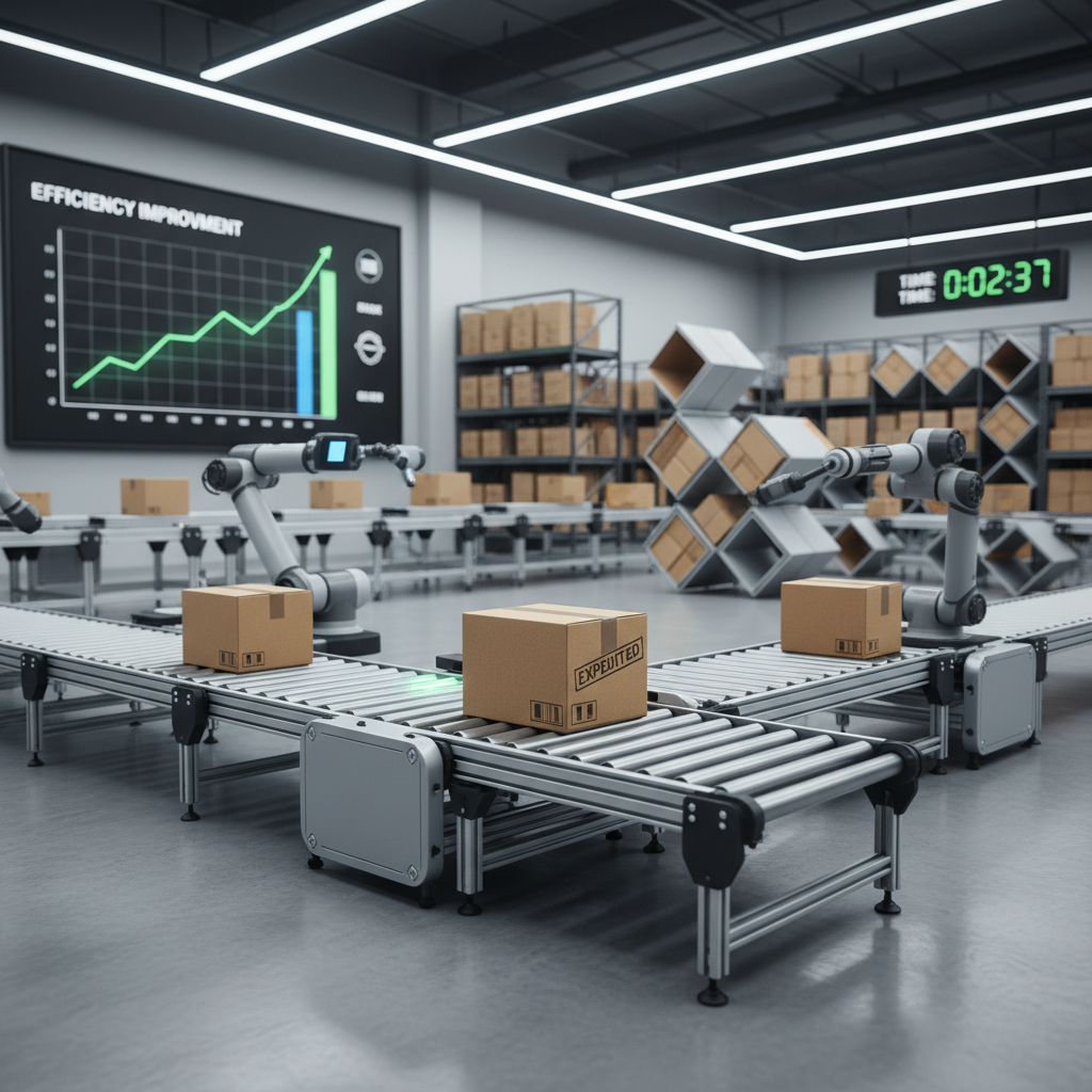 Automated warehouse with robotic systems moving packages on conveyor belts in modern distribution center