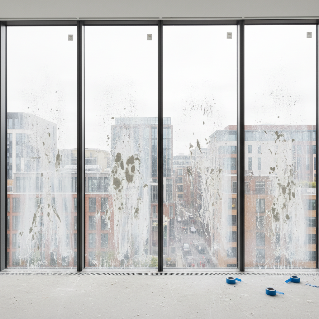 Post-construction silicone sealant and cement splatter residue on large floor-to-ceiling glass panels of a new-build London apartment