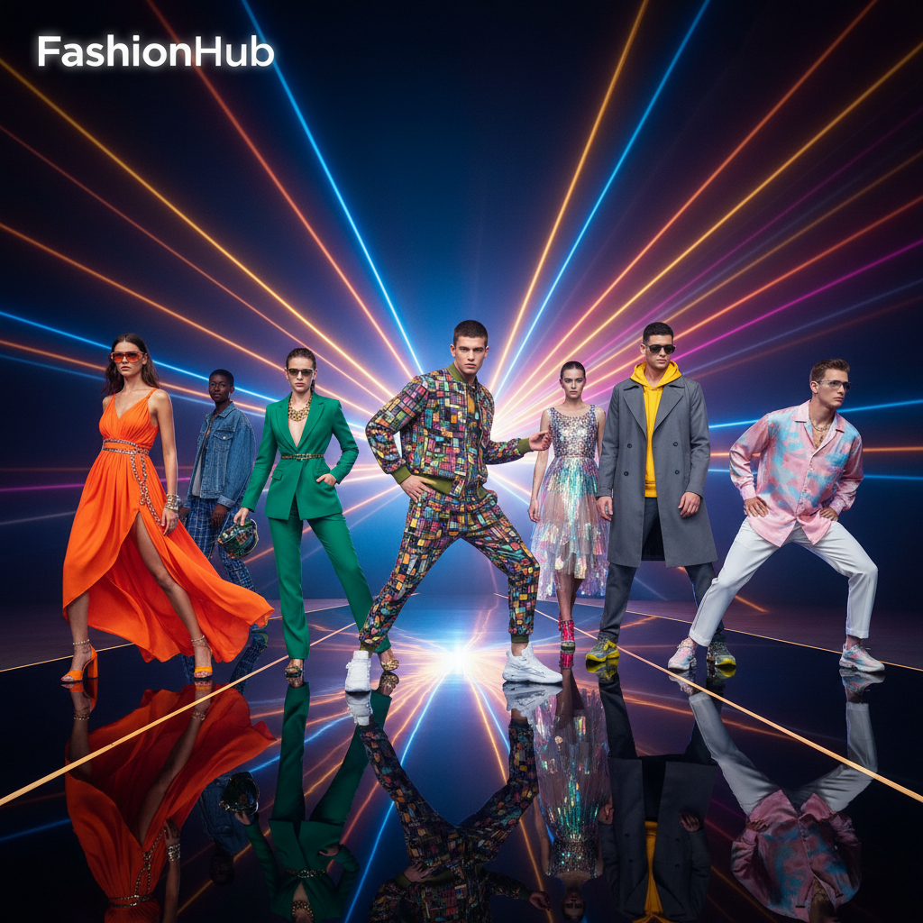 Energetic young models in bold streetwear against bright neon-lit backdrop, dark atmospheric setting with dramatic shadows