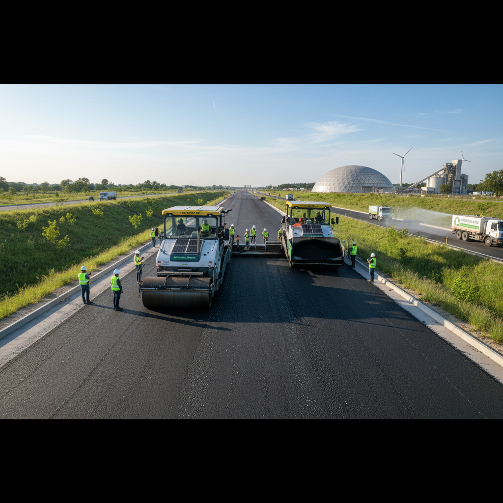 National highway under construction with heavy machinery and earthwork operations, dusty construction site, strong sunlight, road stretching to horizon