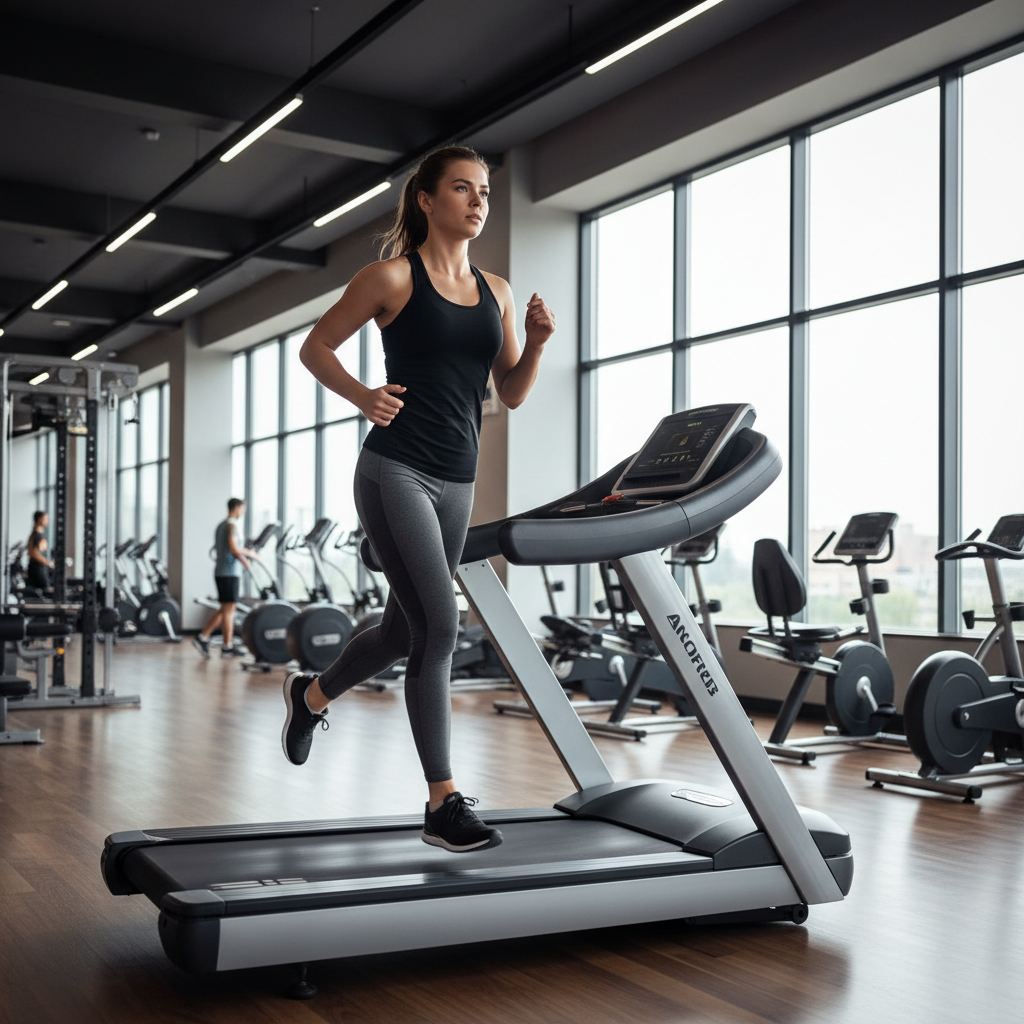 Person running on treadmill in bright gym, white athletic wear, natural light