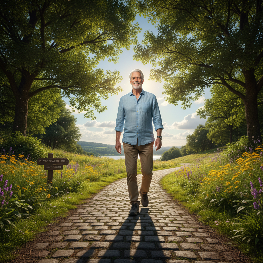 Older man walking confidently along a sunny outdoor path after completing a physiotherapy program