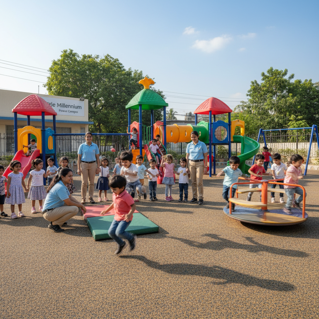 Bright, colourful pre-school building exterior in Bengaluru with a cheerful play area and Indian school children outside