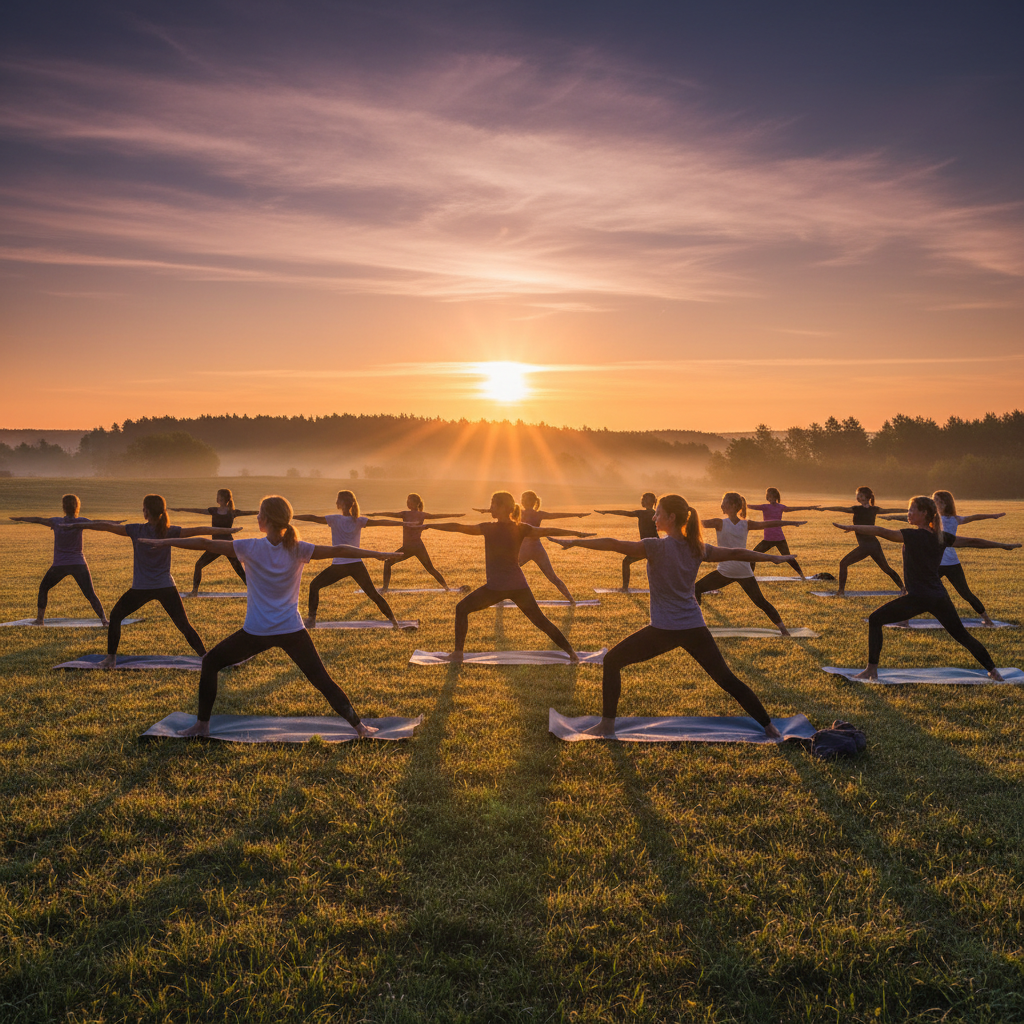 Yoga camp participants in peaceful outdoor setting at sunrise, serene atmosphere