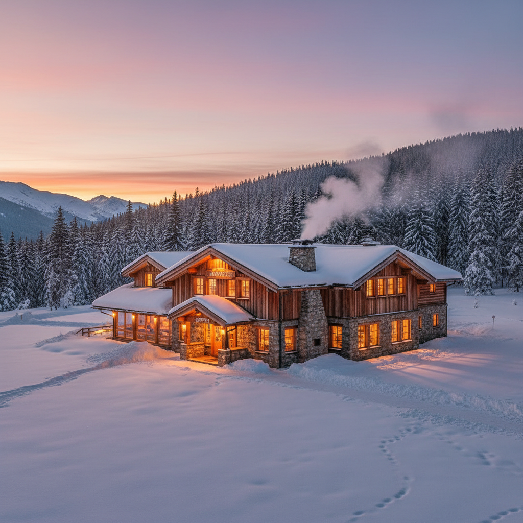 Alpine mountain hut at dusk with warm light glowing through windows and snow peaks behind