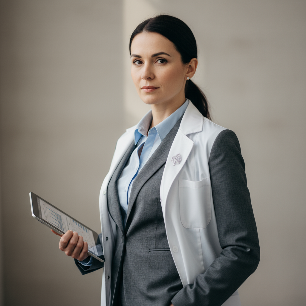 Portrait of a woman academic researcher in professional attire against a neutral background