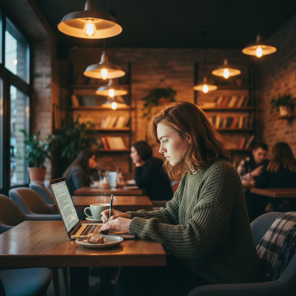 Person typing on laptop in a dim cozy cafe with bokeh background, dark warm tones, moody writing atmosphere