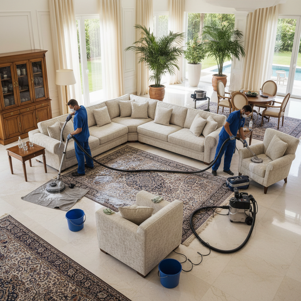 Modern gray upholstered sofa in a clean Southern California living room being professionally cleaned