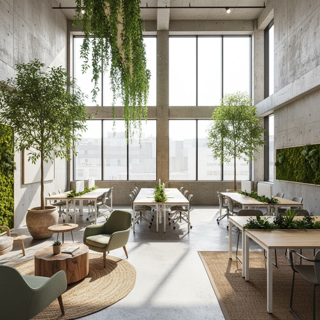 Modern open-plan office with exposed concrete ceilings, biophilic design elements, and collaborative seating zones