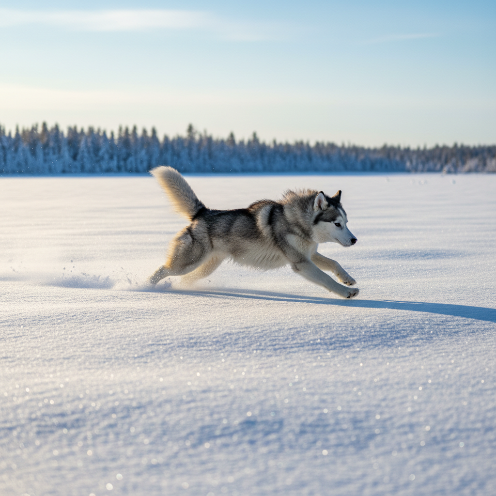 Husky running at full speed through a snowy field