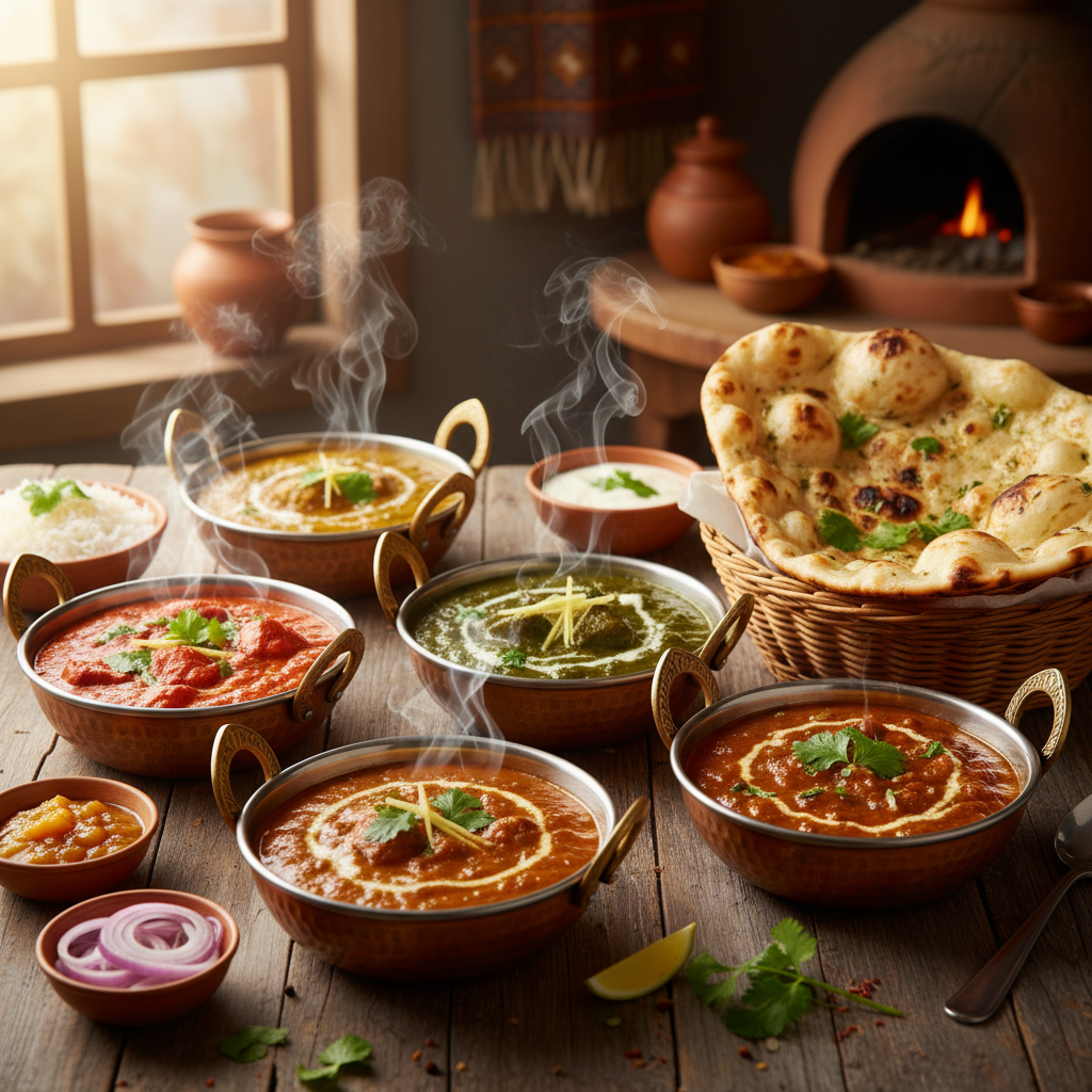 Steaming Indian curry in decorative serving bowl, warm kitchen lighting, rich golden sauce