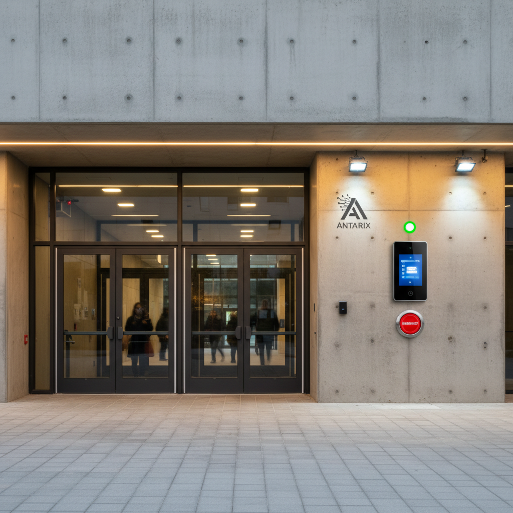 University campus building with ANTARIX smart access control and emergency response system providing secure entry for students and faculty