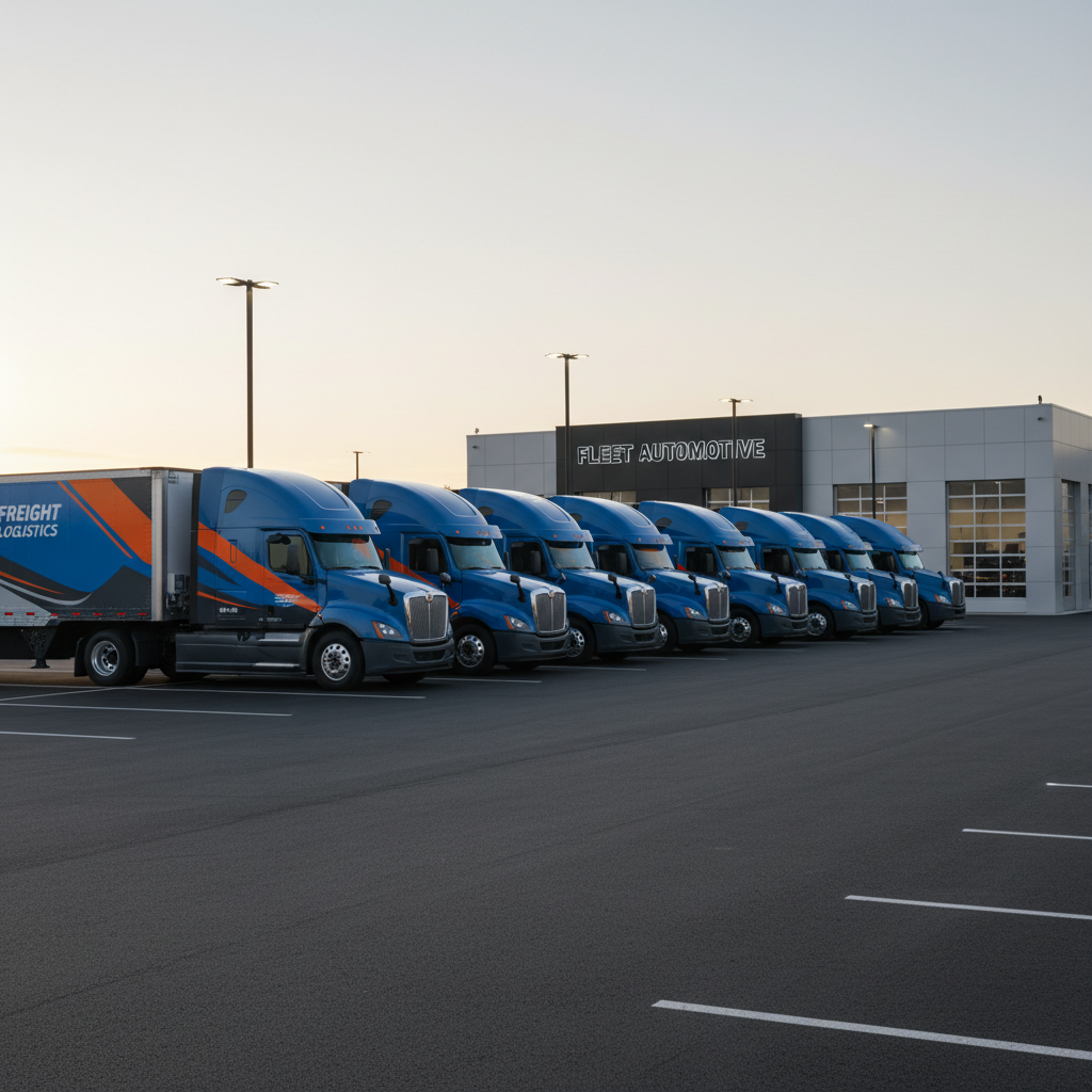 Commercial truck fleet with matching corporate graphics wrap applied overnight for dealership