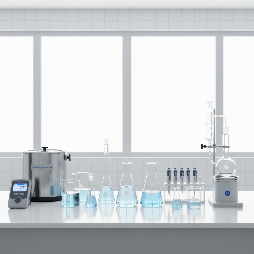 Scientific research laboratory with microscope and clear test tubes under white fluorescent light, clean and precise